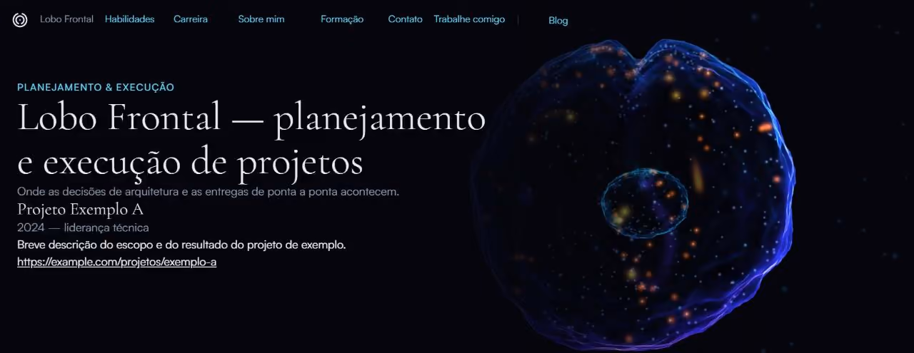 Uma região aberta: a câmera está dentro do cérebro, que ocupa a direita da tela em azul profundo com pontos de luz; à esquerda o título Lobo Frontal, planejamento e execução de projetos, seguido de uma entrada de projeto de exemplo.